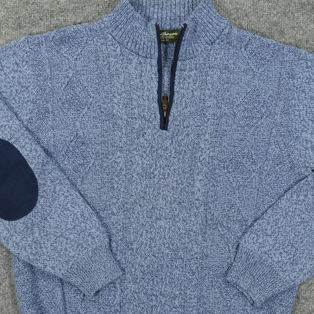 Norm Thompson Sweater Mens Medium Blue 1/4 Zip Mock Neck Elbow Patches Cotton